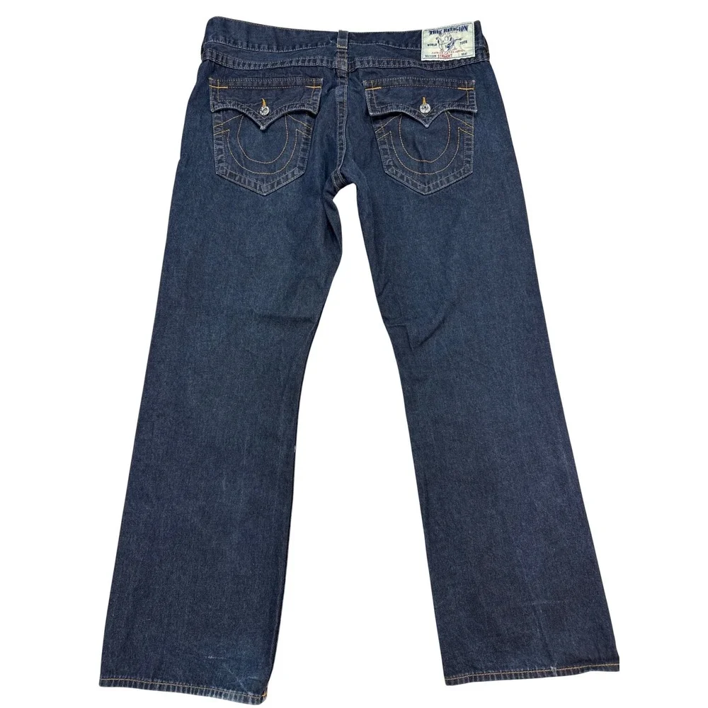True Religion Straight Jeans Mens 42 Blue Excellent Flap Pocket Dark Wash Indigo